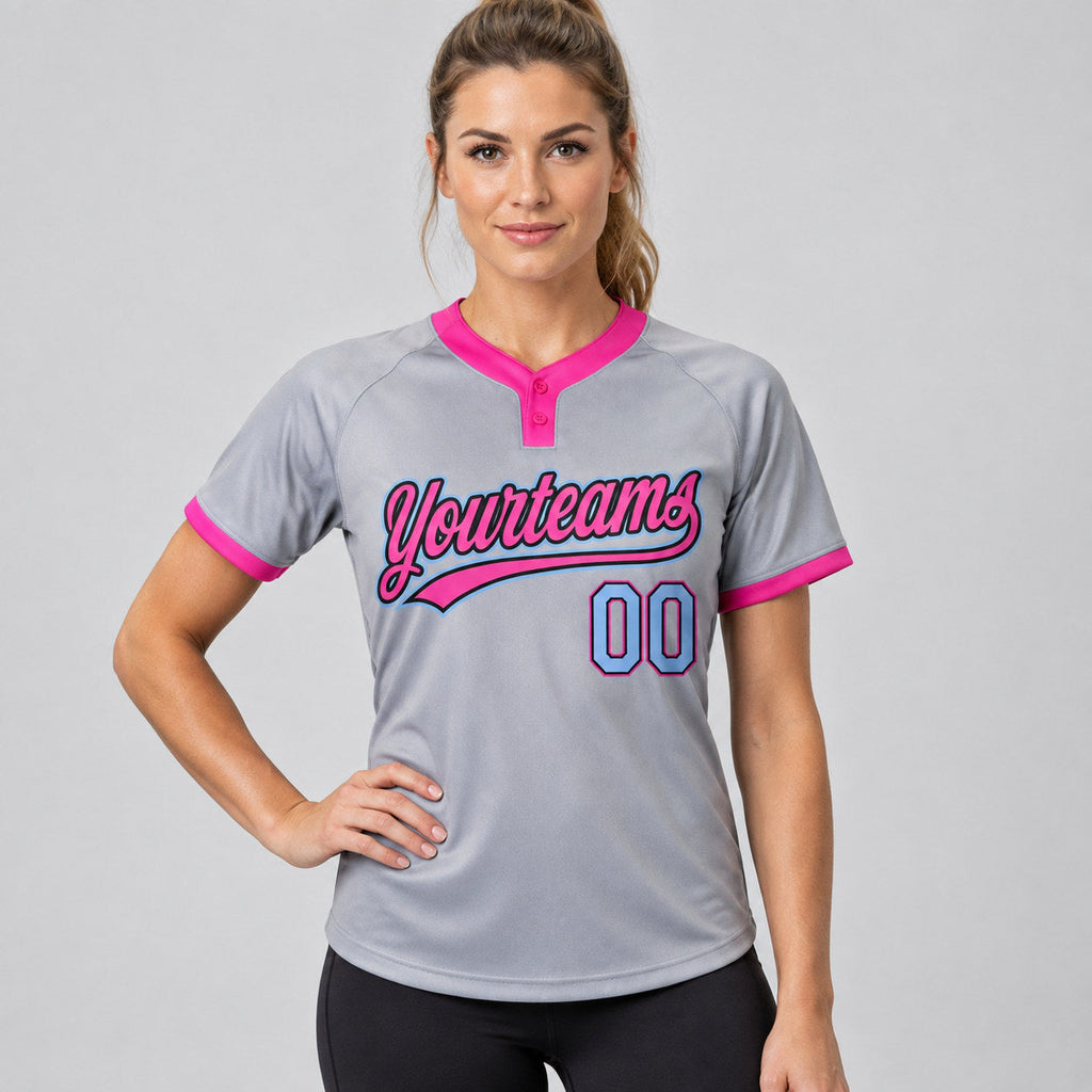 Custom Gray and Light Blue Two Button Softball Jersey with Black and Pink Lettering Design 0218 worn by female model