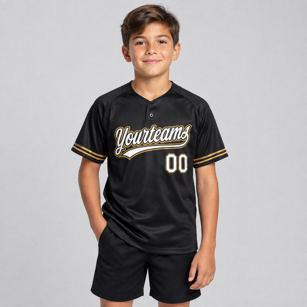 Custom Black Two Button Softball Jersey with White and Old Gold Lettering youth size worn by child model