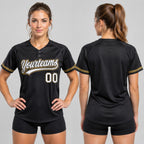 Custom Black Two Button Softball Jersey with White and Old Gold Lettering worn by female model