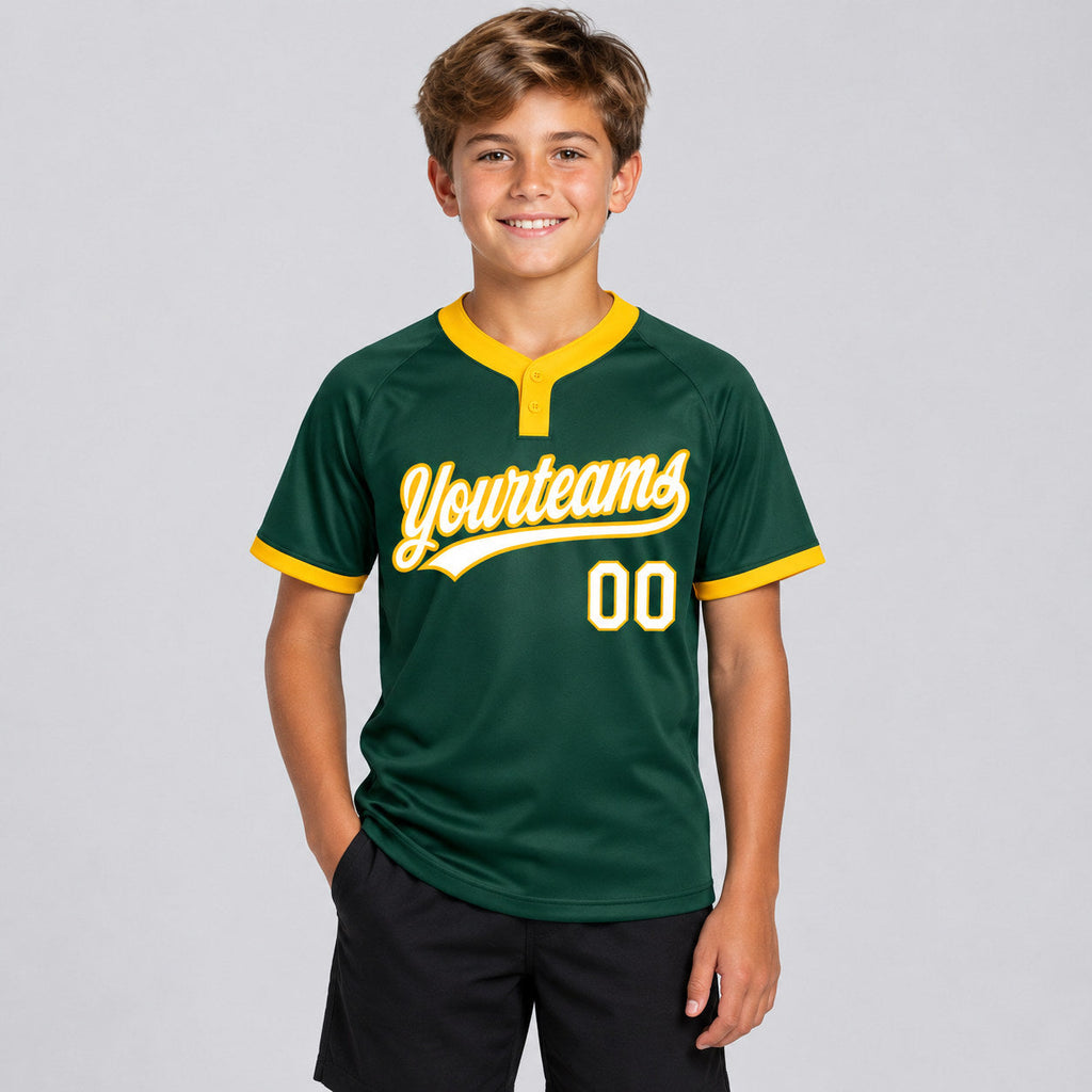 Custom Green Two Button Softball Jersey with White and Gold Lettering youth size worn by child model