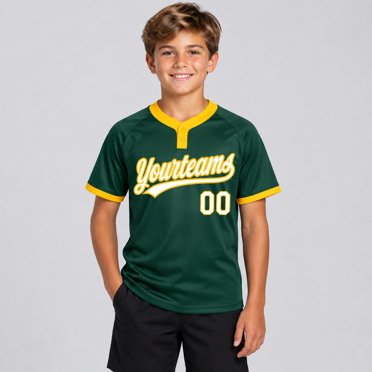 Custom Green Two Button Softball Jersey with White and Gold Lettering youth size worn by child model