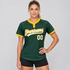 Custom Green Two Button Softball Jersey with White and Gold Lettering worn by female model