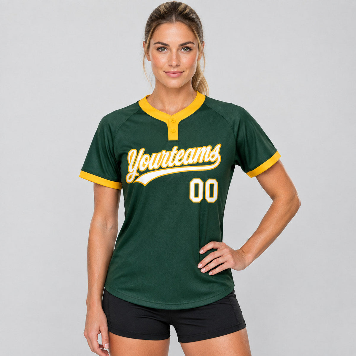Custom Green Two Button Softball Jersey with White and Gold Lettering worn by female model