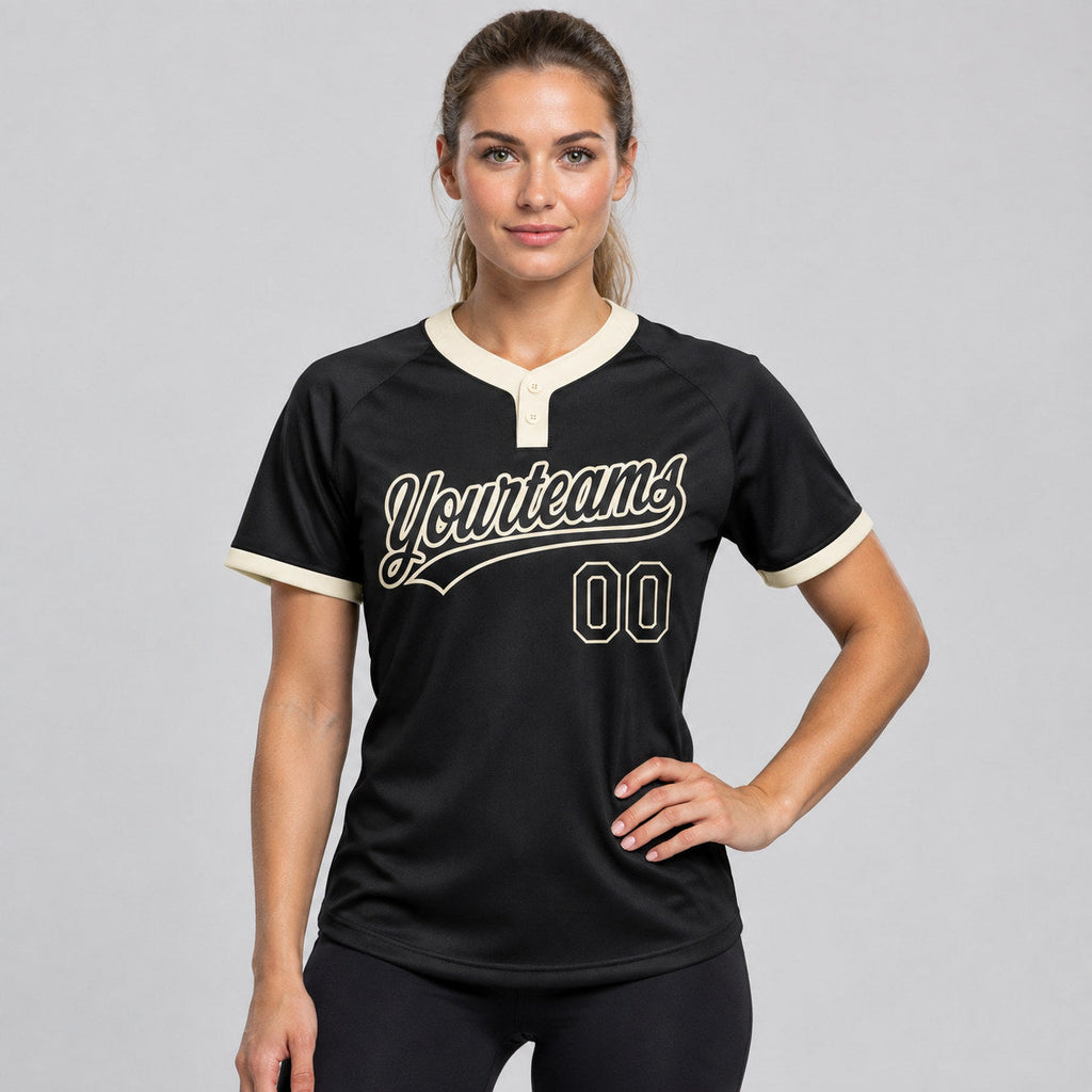 Custom Black Two Button Softball Jersey with Black and Cream Lettering worn by female model