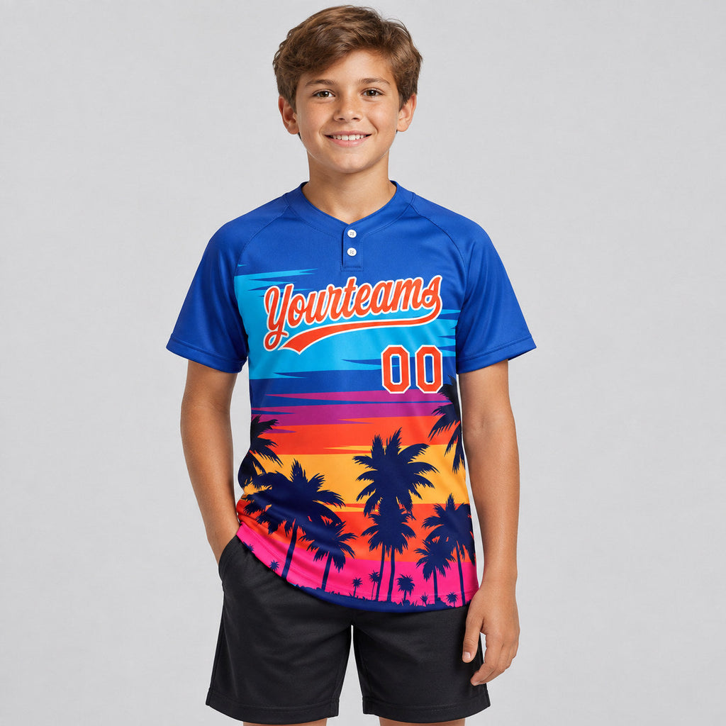 Custom Royal Tropical Hawaii Palm Trees Two Button Softball Jersey with Orange and White Lettering youth size worn by child model