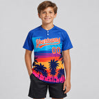 Custom Royal Tropical Hawaii Palm Trees Two Button Softball Jersey with Orange and White Lettering youth size worn by child model