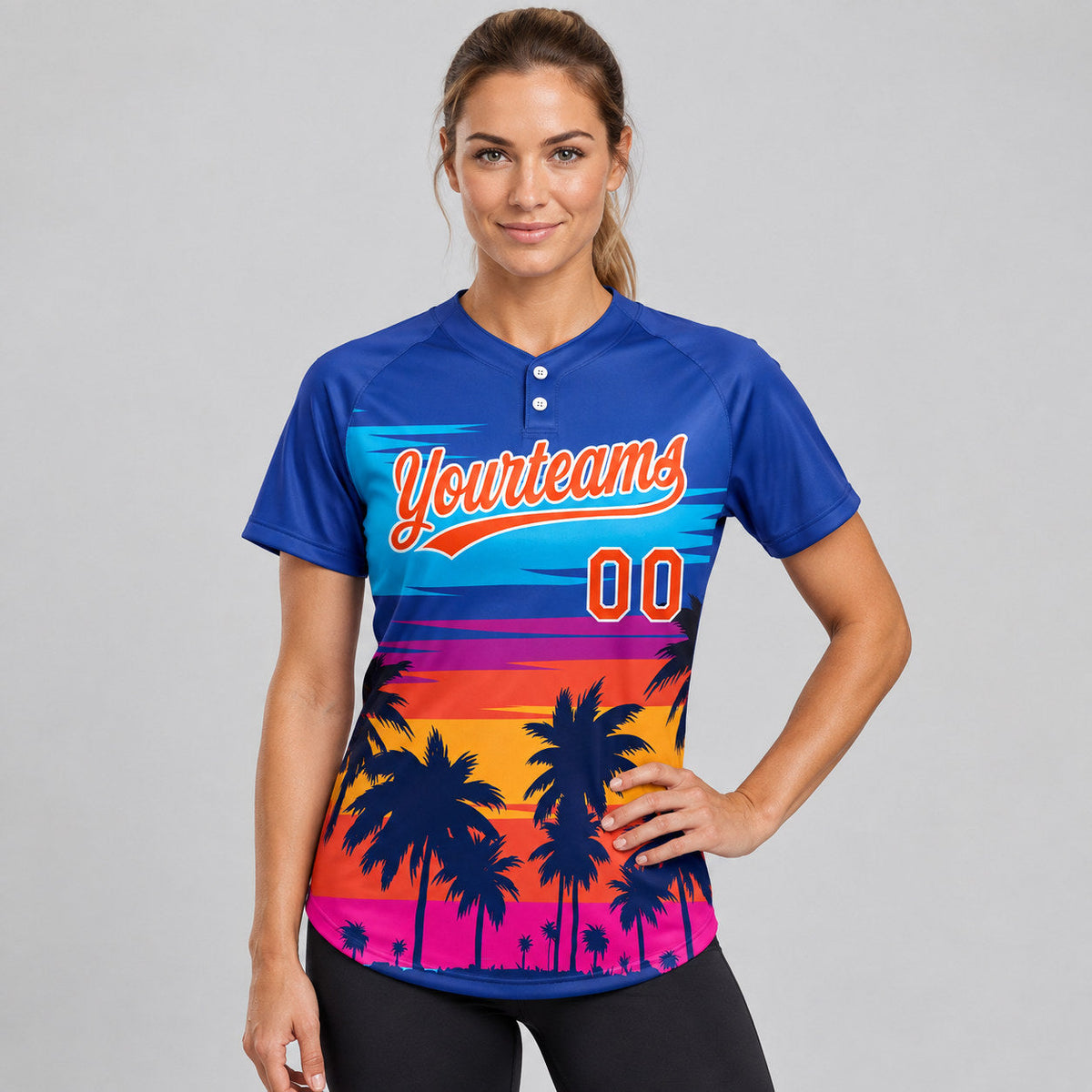 Custom Royal Tropical Hawaii Palm Trees Two Button Softball Jersey with Orange and White Lettering worn by female model