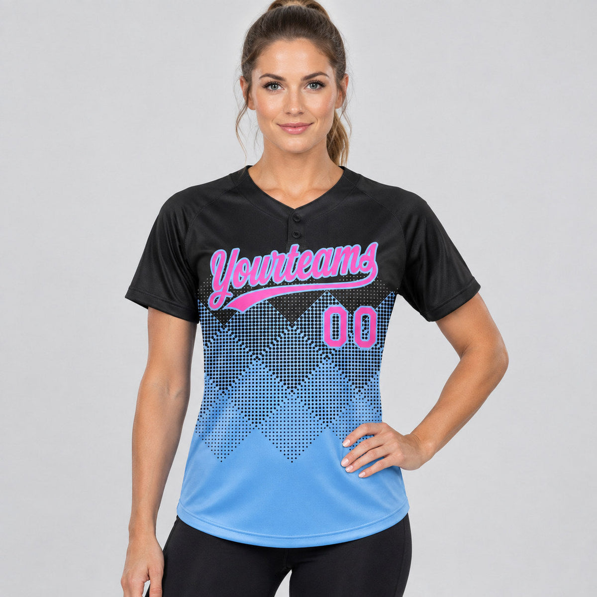 Custom Black Gradient Square Shapes Two Button Softball Jersey with Pink and Light Blue Lettering Design 0747 worn by female model