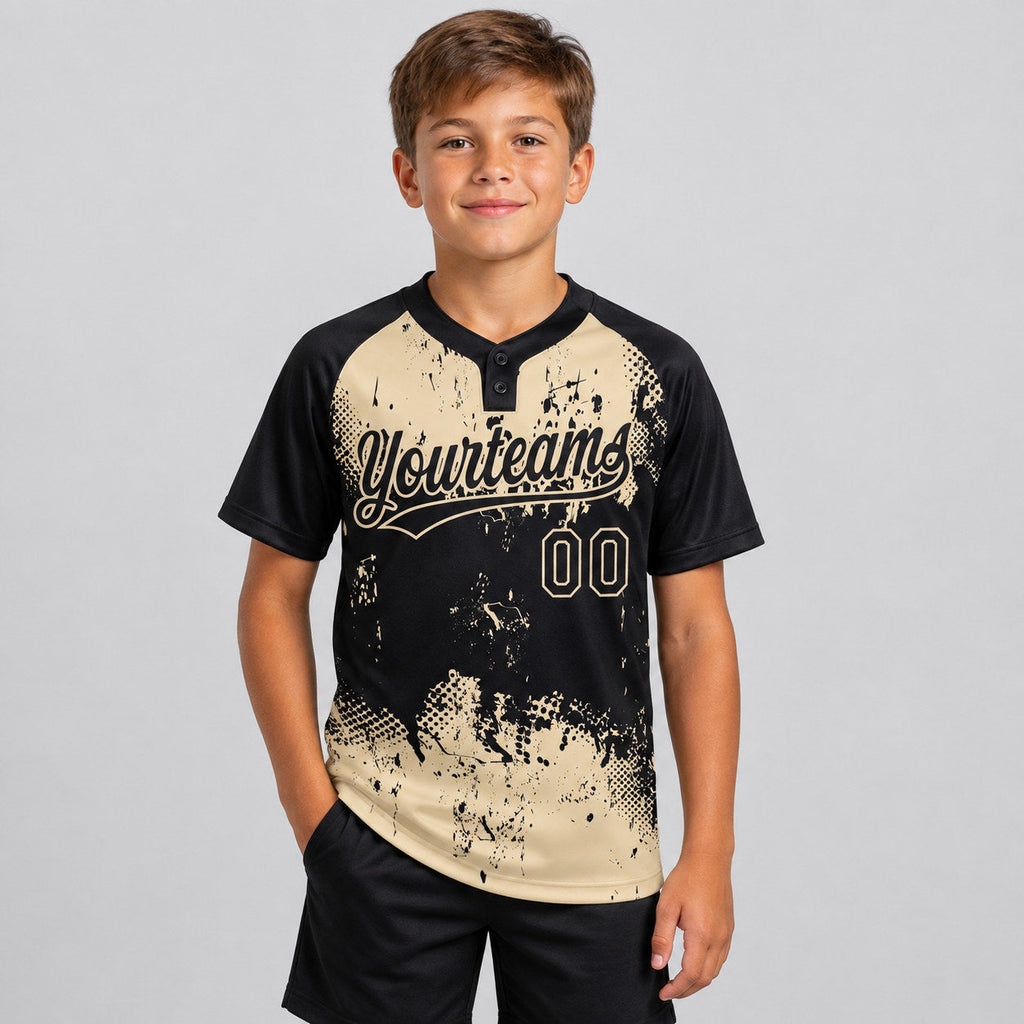 Custom Black Abstract Splatter Grunge Art Two Button Softball Jersey with Cream Lettering youth size worn by child model