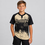 Custom Black Abstract Splatter Grunge Art Two Button Softball Jersey with Cream Lettering youth size worn by child model