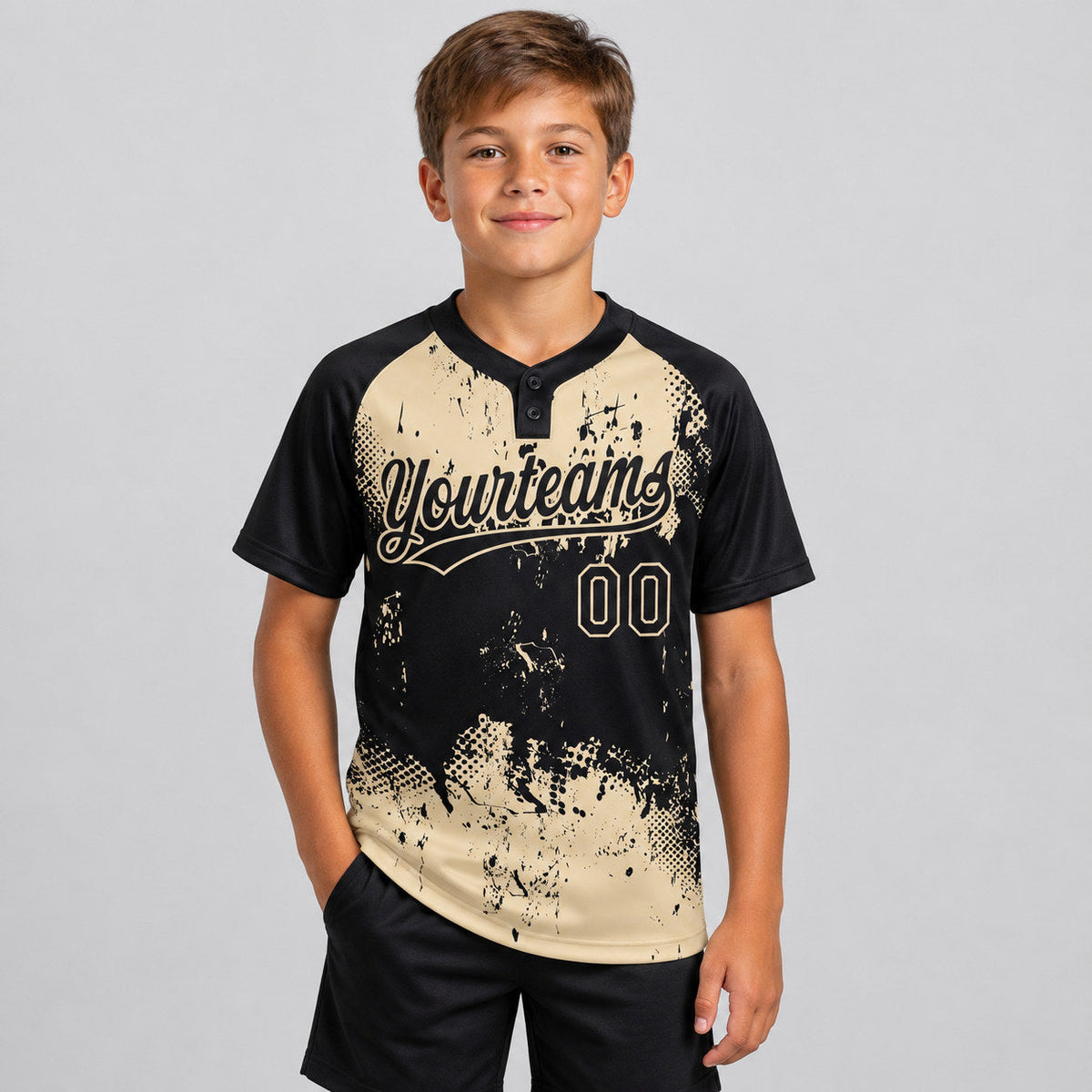Custom Black Abstract Splatter Grunge Art Two Button Softball Jersey with Cream Lettering youth size worn by child model
