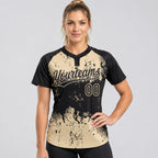 Custom Black Abstract Splatter Grunge Art Two Button Softball Jersey with Cream Lettering worn by female model