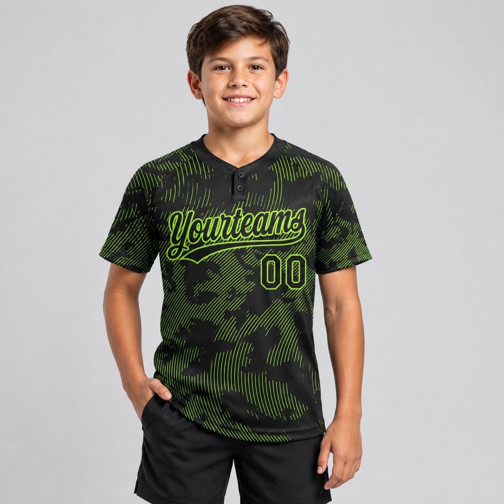 Custom Black Curve Lines Two Button Softball Jersey with Neon Green Lettering youth size worn by child model