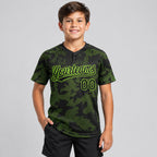 Custom Black Curve Lines Two Button Softball Jersey with Neon Green Lettering youth size worn by child model