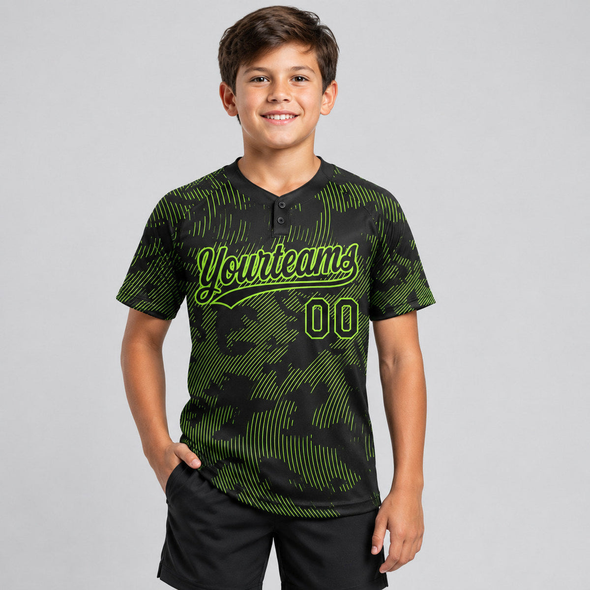 Custom Black Curve Lines Two Button Softball Jersey with Neon Green Lettering youth size worn by child model