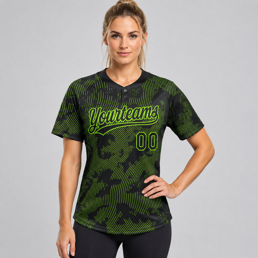 Custom Black Curve Lines Two Button Softball Jersey with Neon Green Lettering worn by female model