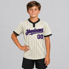 Custom Cream Two Button Pinstripe Softball Jersey with Black Lettering Design 1046 youth size worn by child model