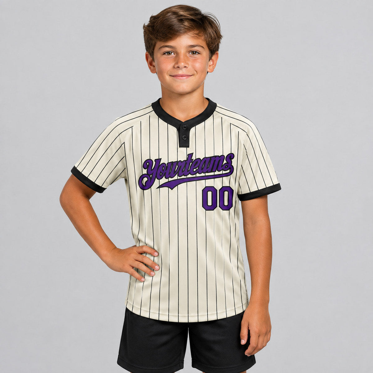 Custom Cream Two Button Pinstripe Softball Jersey with Black Lettering Design 1046 youth size worn by child model