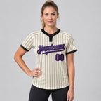 Custom Cream Two Button Pinstripe Softball Jersey with Black Lettering Design 1046 worn by female model