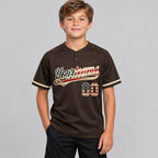 Custom Brown Vintage USA Flag Two Button Softball Jersey with City Cream Lettering youth size worn by child model