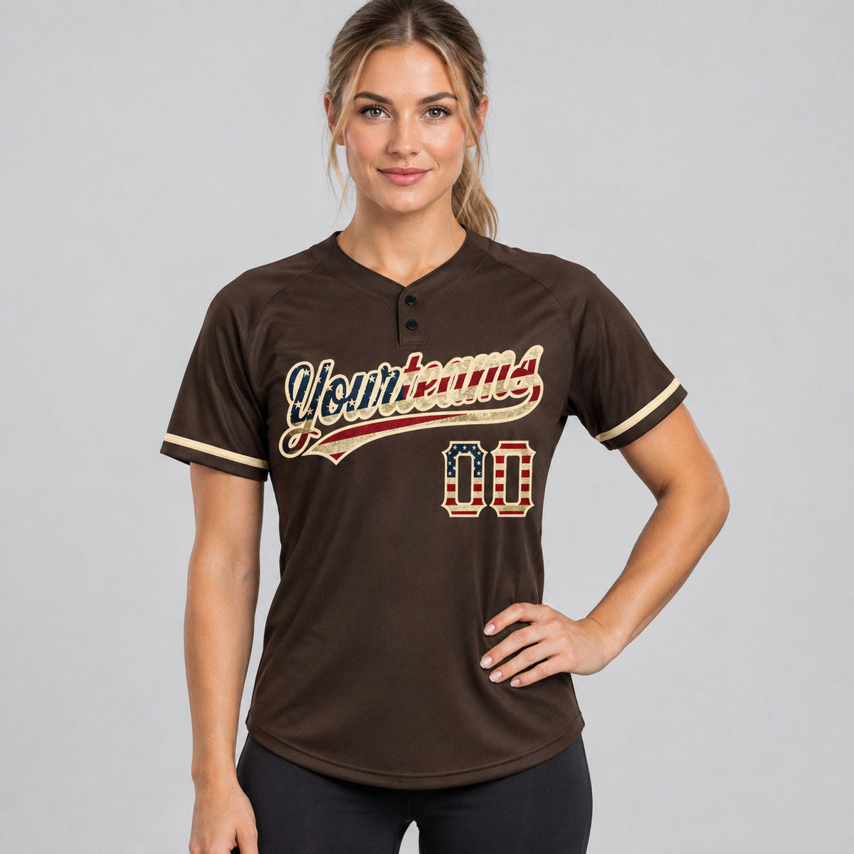 Custom Brown Vintage USA Flag Two Button Softball Jersey with City Cream Lettering worn by female model