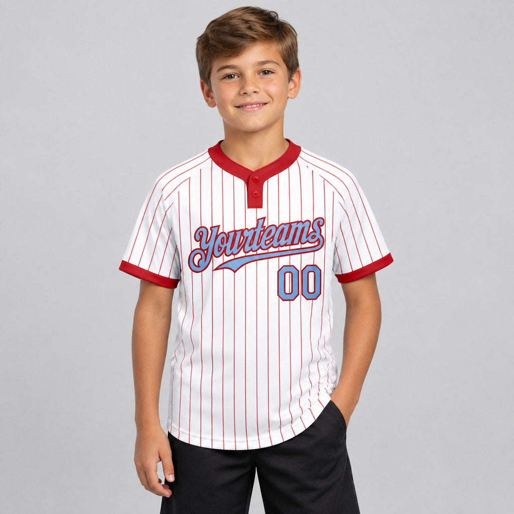 Custom White Two Button Pinstripe Softball Jersey with Red Lettering Design 0810 youth size worn by child model