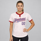 Custom White Two Button Pinstripe Softball Jersey with Red Lettering Design 0810 worn by female model