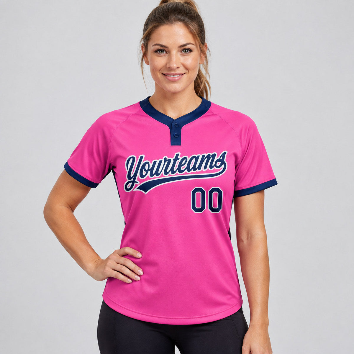 Custom Pink Two Button Softball Jersey with Navy and White Lettering worn by female model