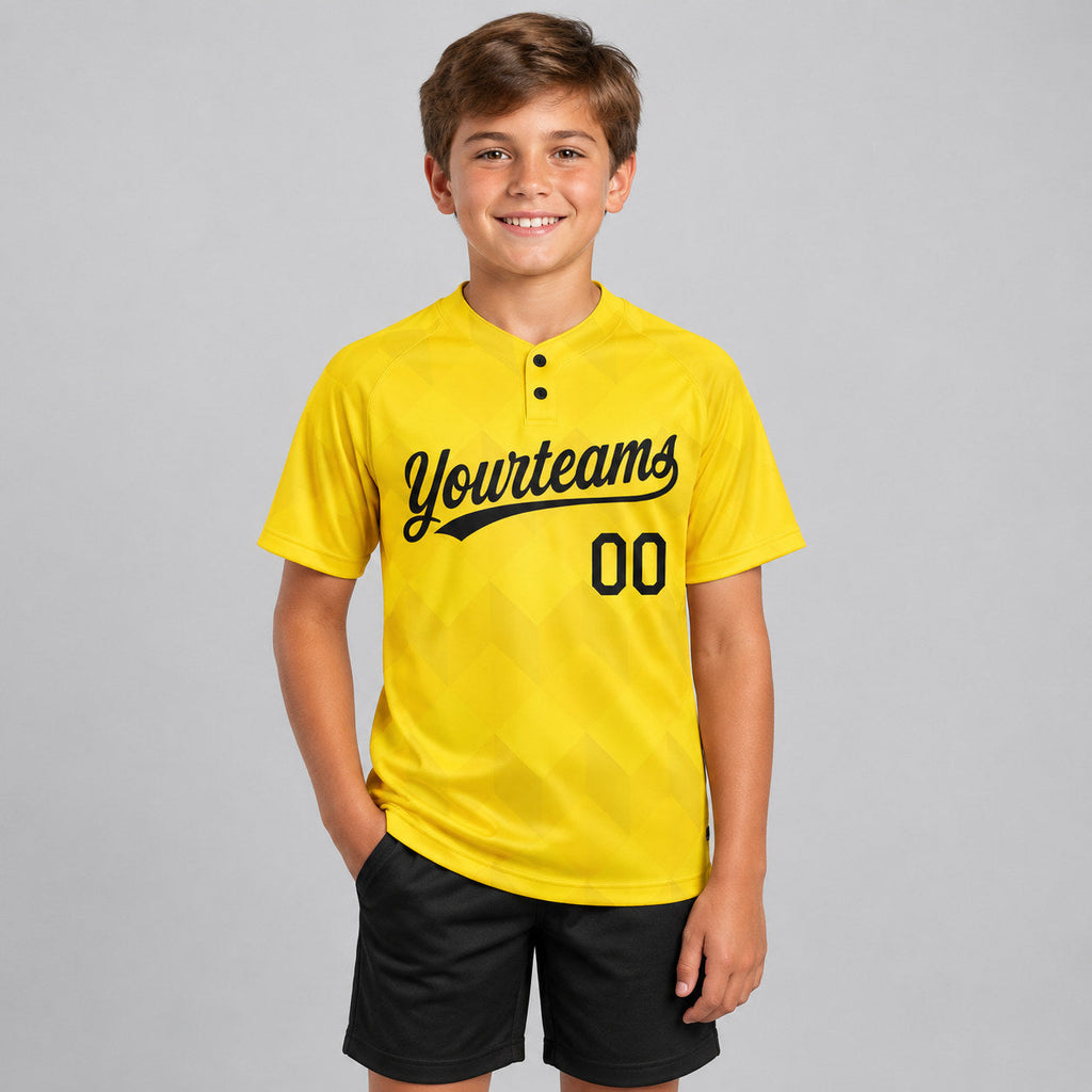 Custom Gold Two Button Softball Jersey with Black Lettering youth size worn by child model