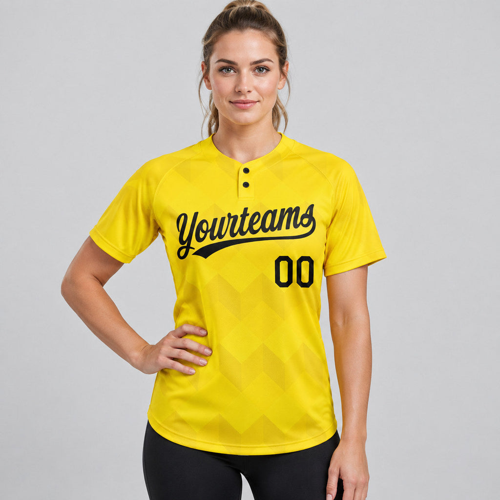 Custom Gold Two Button Softball Jersey with Black Lettering worn by female model