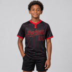 Custom Black Two Button Pinstripe Softball Jersey with Red Lettering Design 0867 youth size worn by child model
