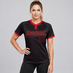 Custom Black Two Button Pinstripe Softball Jersey with Red Lettering Design 0867 worn by female model