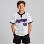 Custom White Two Button Pinstripe Softball Jersey with Black Lettering Design 0765 youth size worn by child model