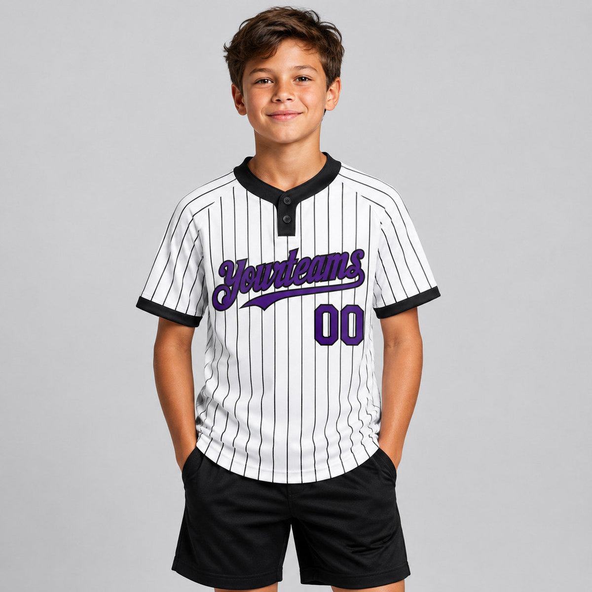 Custom White Two Button Pinstripe Softball Jersey with Black Lettering Design 0765 youth size worn by child model