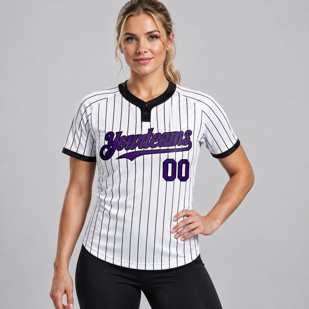 Custom White Two Button Pinstripe Softball Jersey with Black Lettering Design 0765 worn by female model