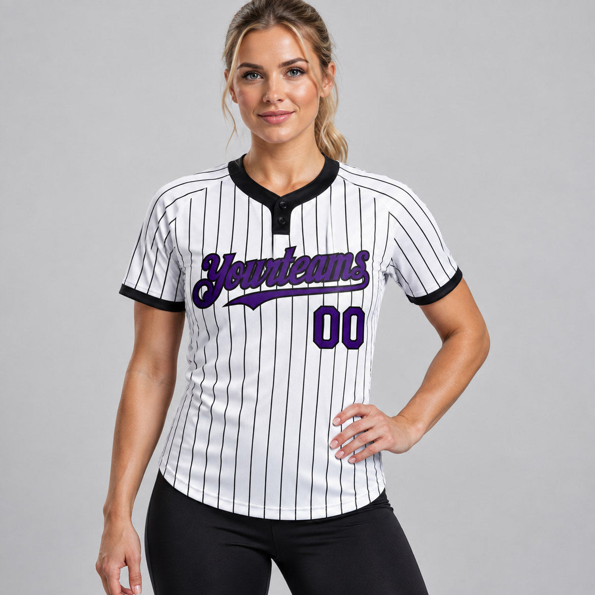 Custom White Two Button Pinstripe Softball Jersey with Black Lettering Design 0765 worn by female model