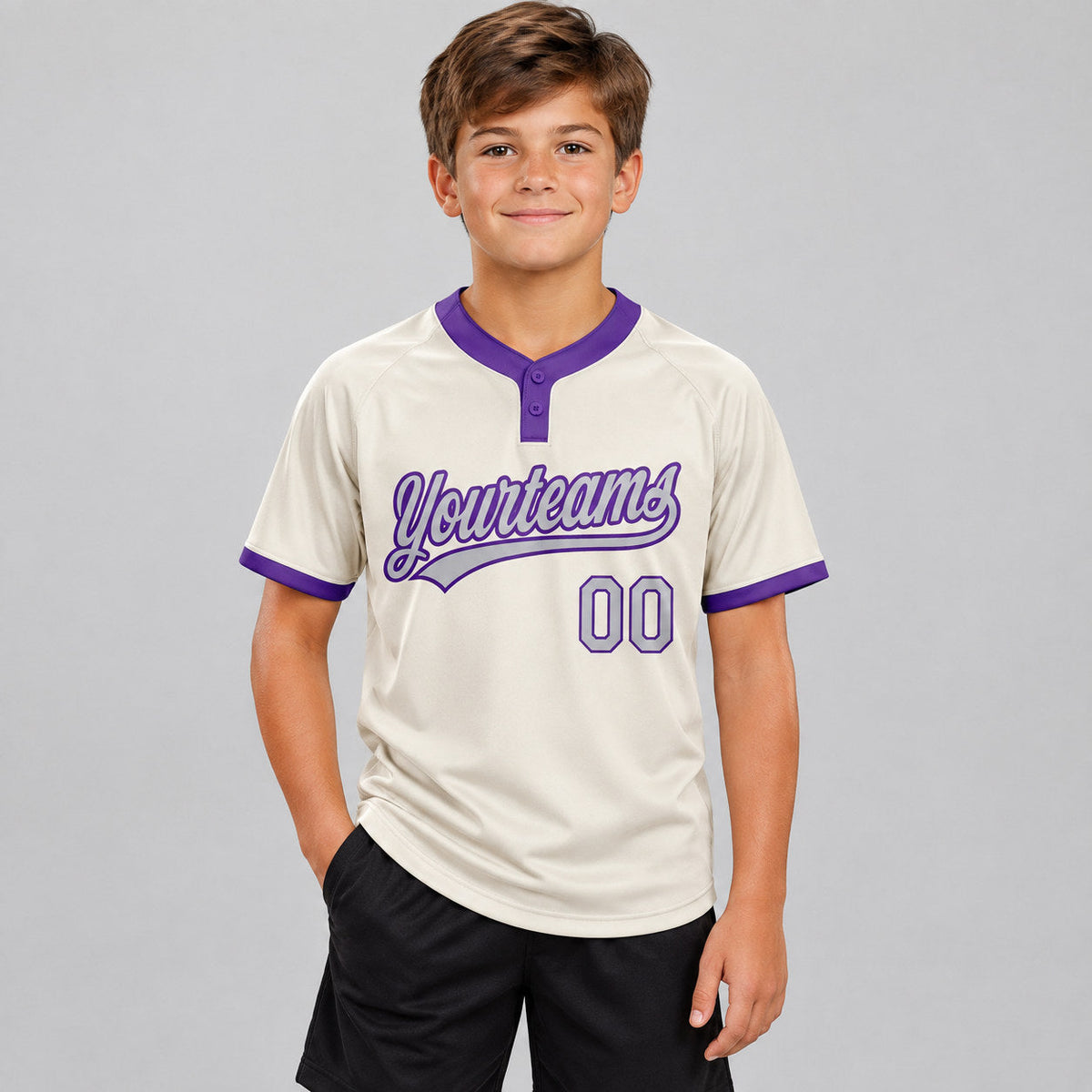 Custom Cream Two Button Softball Jersey with Gray and Purple Lettering youth size worn by child model