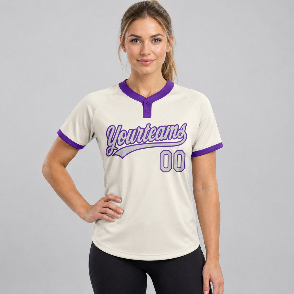 Custom Cream Two Button Softball Jersey with Gray and Purple Lettering worn by female model