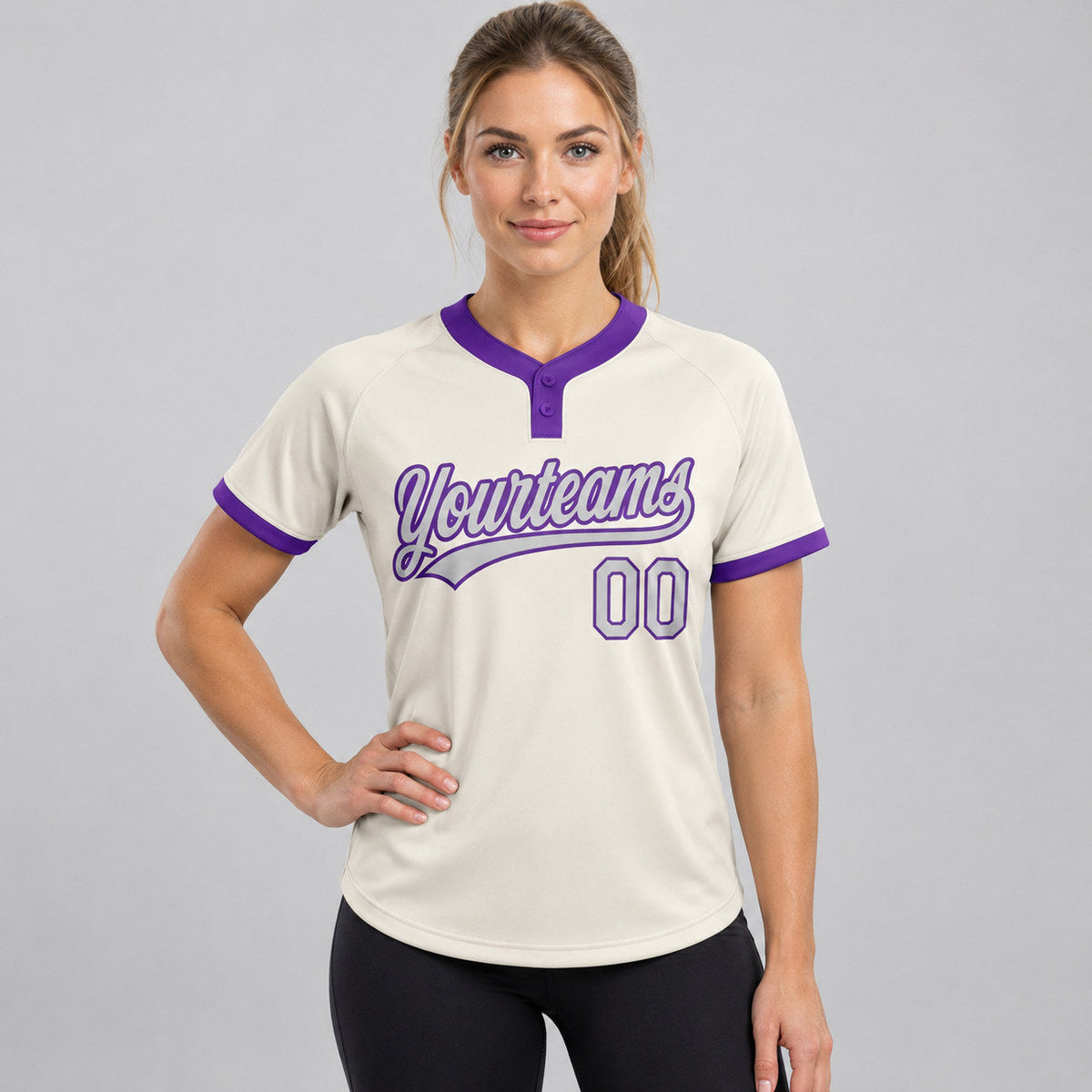 Custom Cream Two Button Softball Jersey with Gray and Purple Lettering worn by female model
