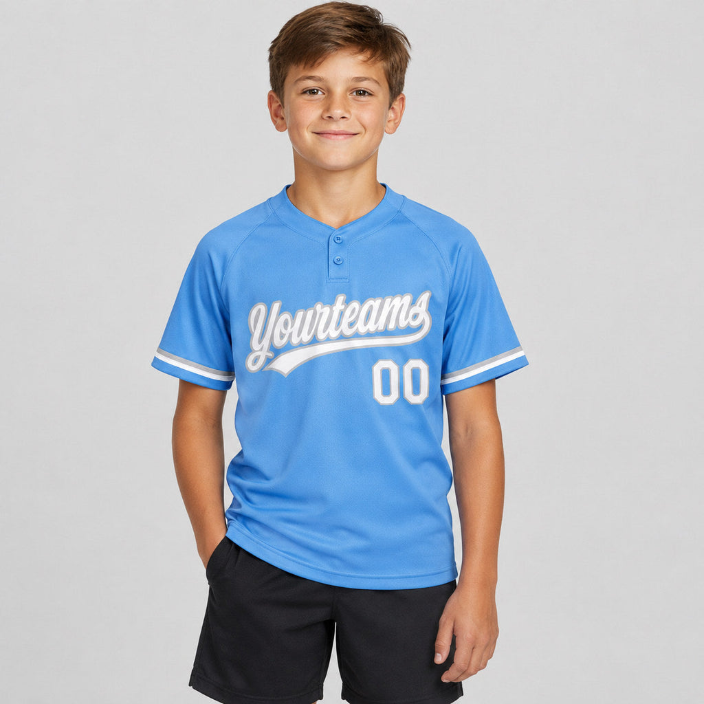 Custom Powder Blue Two Button Softball Jersey with White and Gray Lettering youth size worn by child model