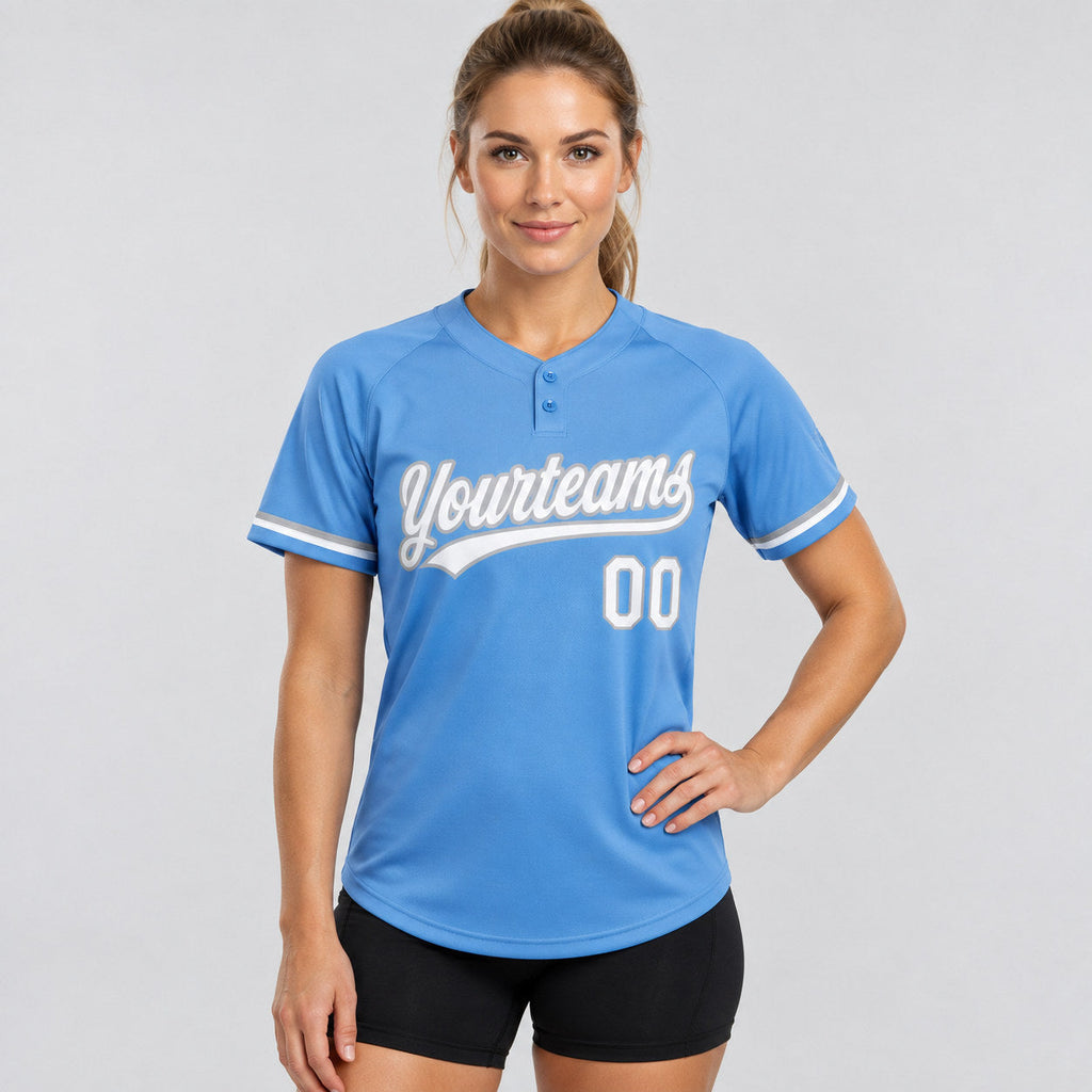 Custom Powder Blue Two Button Softball Jersey with White and Gray Lettering worn by female model