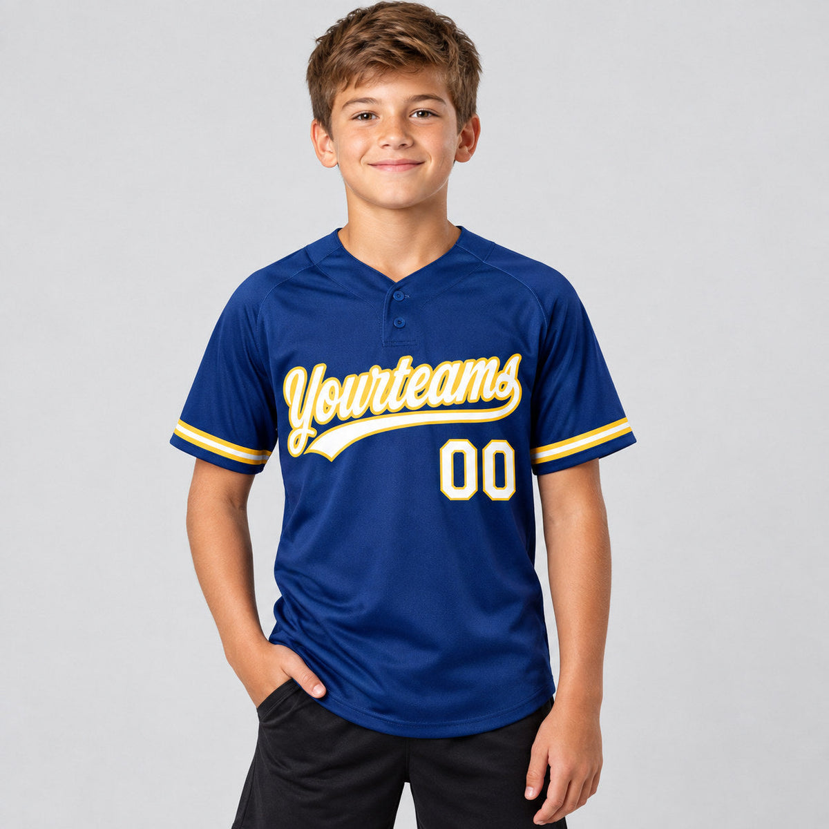 Custom Royal Two Button Softball Jersey with White and Yellow Lettering youth size worn by child model