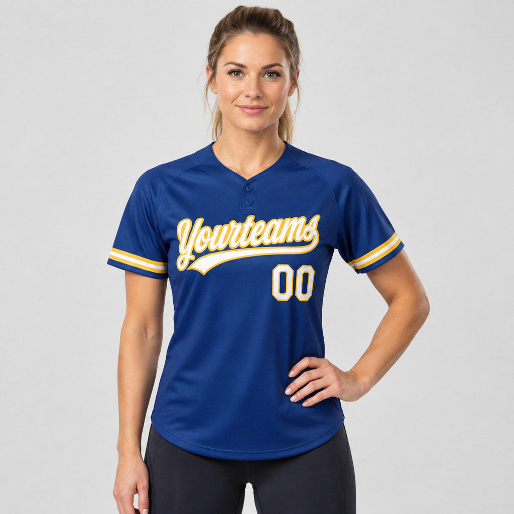 Custom Royal Two Button Softball Jersey with White and Yellow Lettering worn by female model
