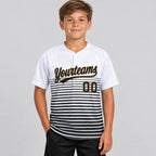 Custom White Two Button Softball Jersey with Black and Old Gold Lettering Design 0287 youth size worn by child model