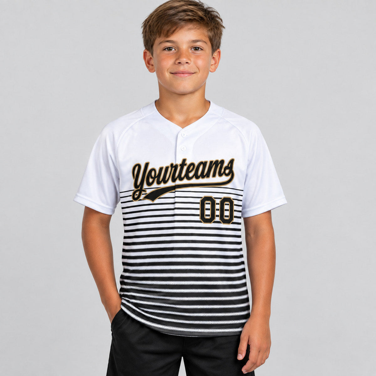 Custom White Two Button Softball Jersey with Black and Old Gold Lettering Design 0287 youth size worn by child model