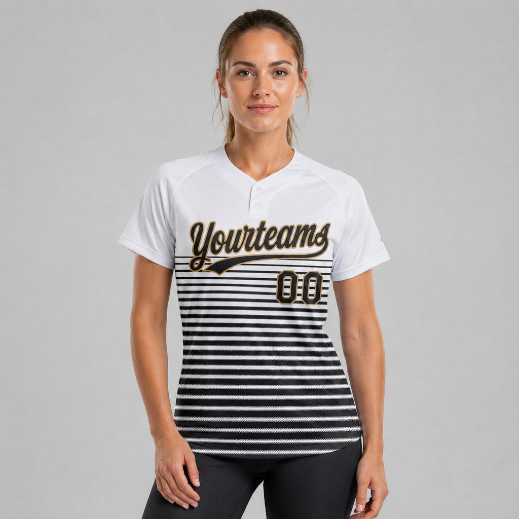 Custom White Two Button Softball Jersey with Black and Old Gold Lettering Design 0287 worn by female model