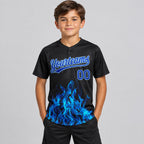 Custom Black Flame Two Button Softball Jersey with Royal and Light Blue Lettering youth size worn by child model