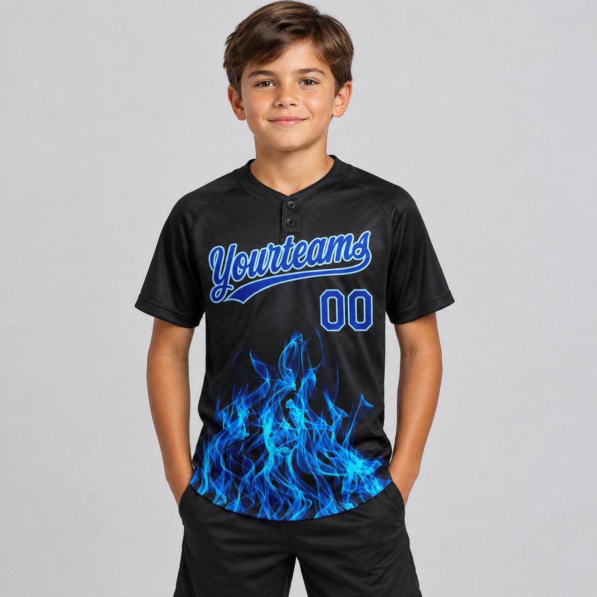 Custom Black Flame Two Button Softball Jersey with Royal and Light Blue Lettering youth size worn by child model