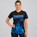 Custom Black Flame Two Button Softball Jersey with Royal and Light Blue Lettering worn by female model