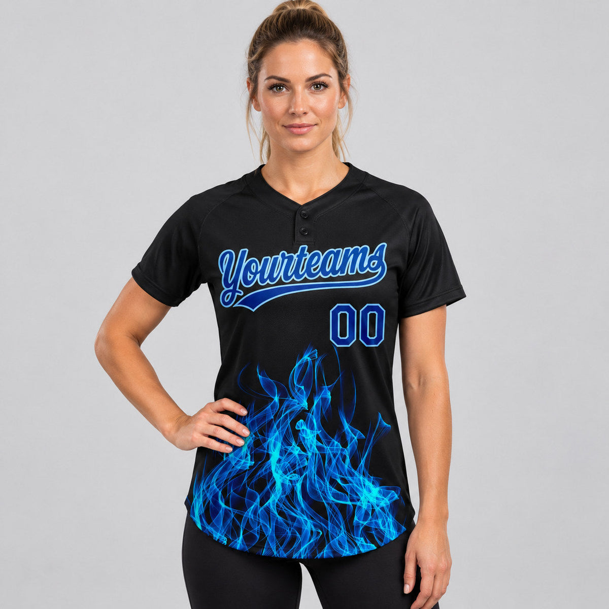 Custom Black Flame Two Button Softball Jersey with Royal and Light Blue Lettering worn by female model